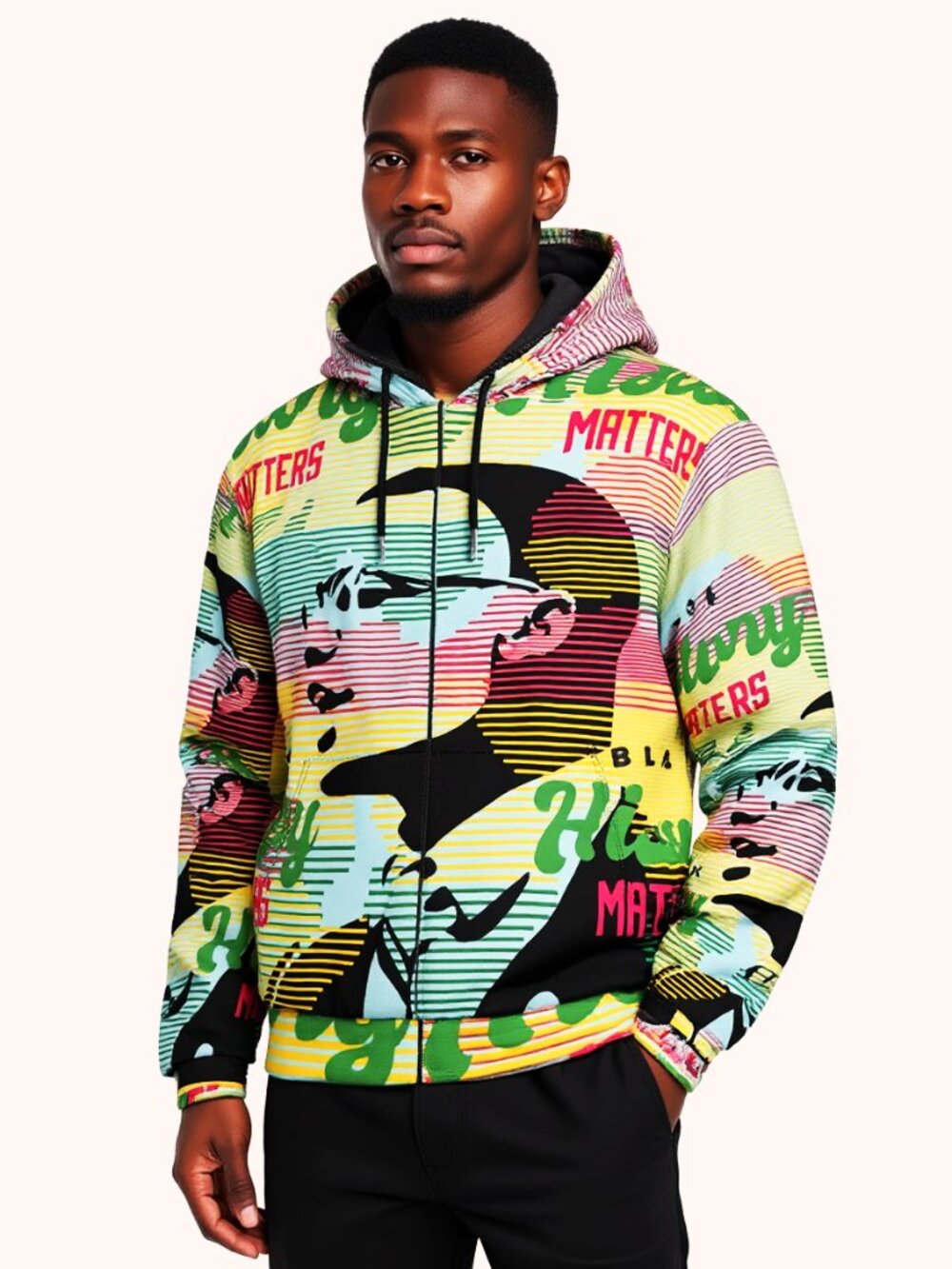 Men's Unique Allover Graphic Print Malcolm X Black History Zip Front Hoodie